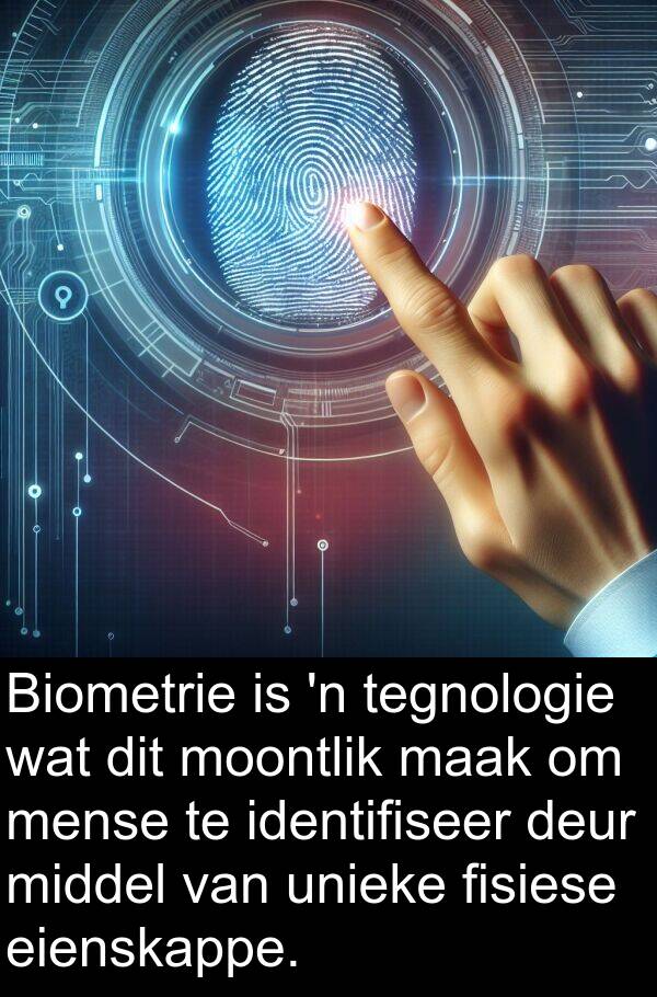 eienskappe: Biometrie is 'n tegnologie wat dit moontlik maak om mense te identifiseer deur middel van unieke fisiese eienskappe.