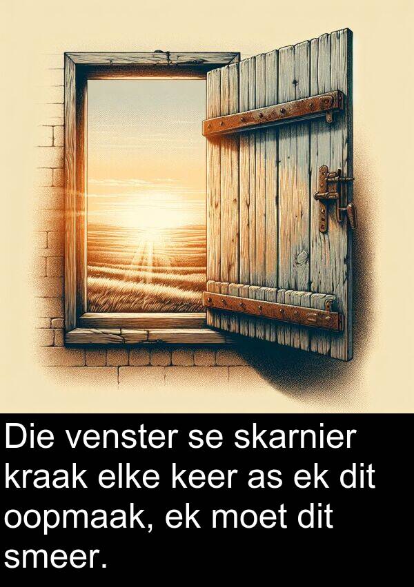 skarnier: Die venster se skarnier kraak elke keer as ek dit oopmaak, ek moet dit smeer.