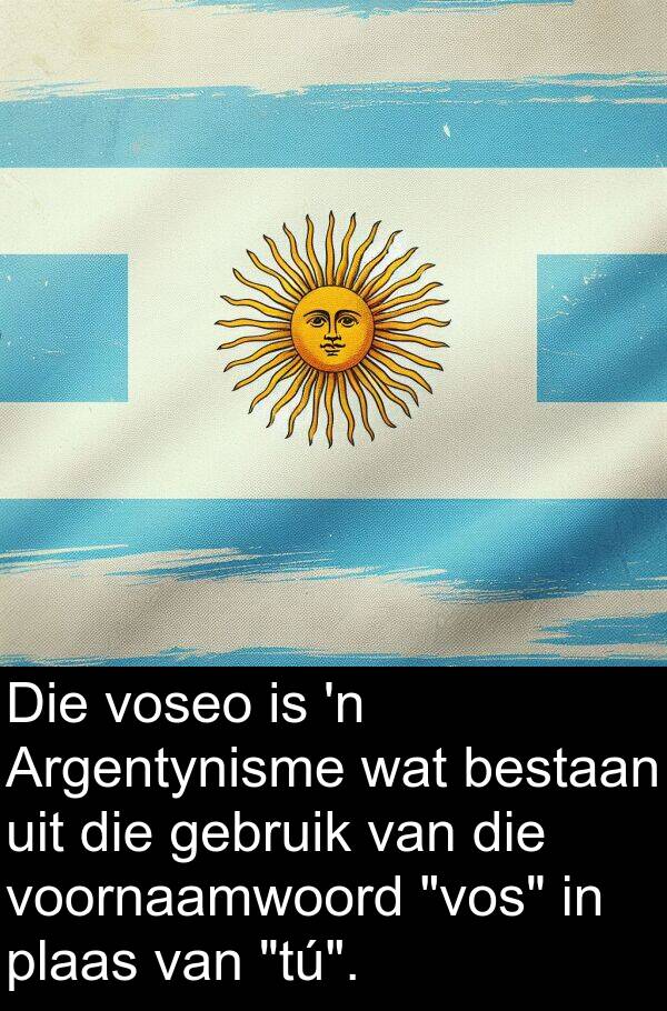 bestaan: Die voseo is 'n Argentynisme wat bestaan uit die gebruik van die voornaamwoord "vos" in plaas van "tú".