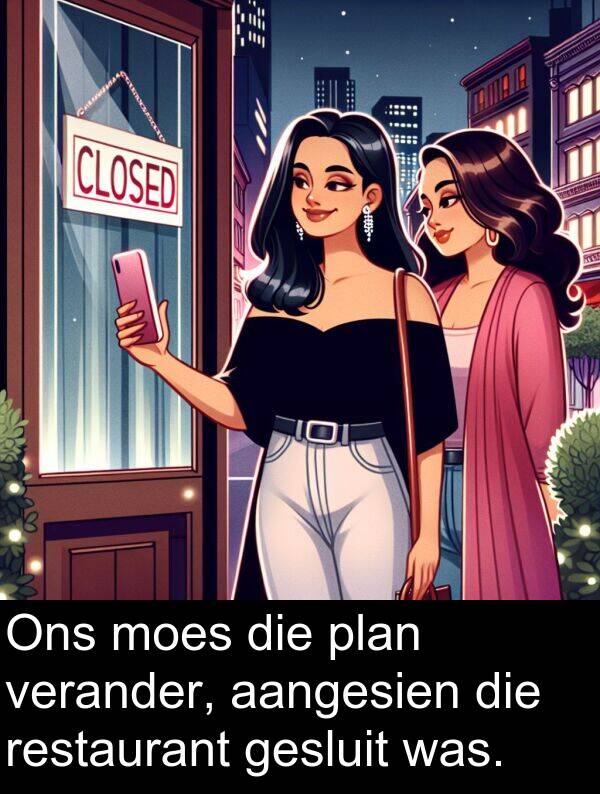 plan: Ons moes die plan verander, aangesien die restaurant gesluit was.