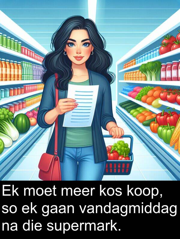 meer: Ek moet meer kos koop, so ek gaan vandagmiddag na die supermark.