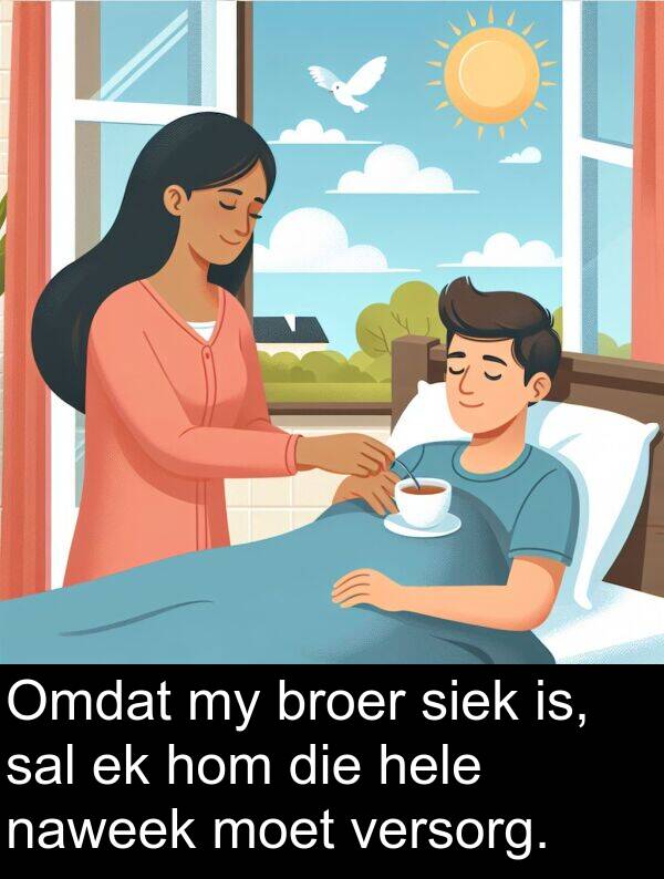 hom: Omdat my broer siek is, sal ek hom die hele naweek moet versorg.