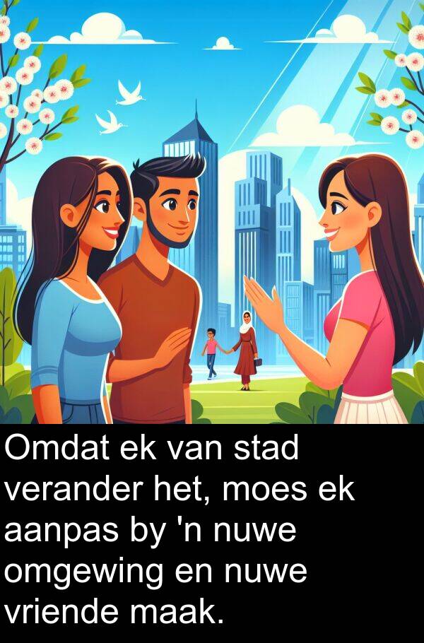 omgewing: Omdat ek van stad verander het, moes ek aanpas by 'n nuwe omgewing en nuwe vriende maak.