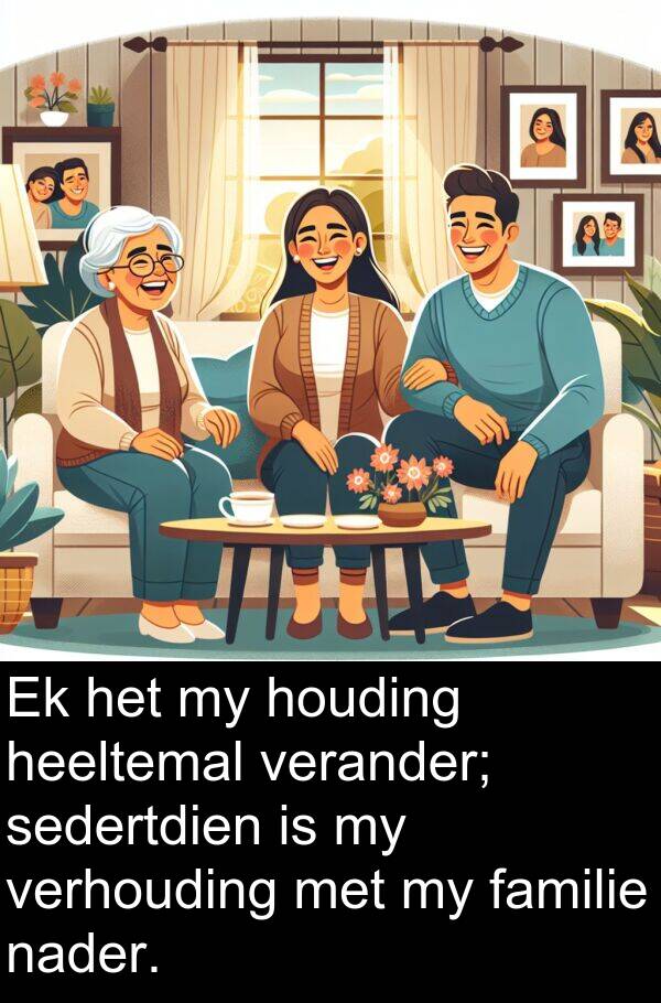 houding: Ek het my houding heeltemal verander; sedertdien is my verhouding met my familie nader.