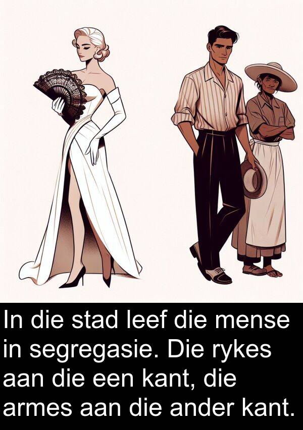 leef: In die stad leef die mense in segregasie. Die rykes aan die een kant, die armes aan die ander kant.