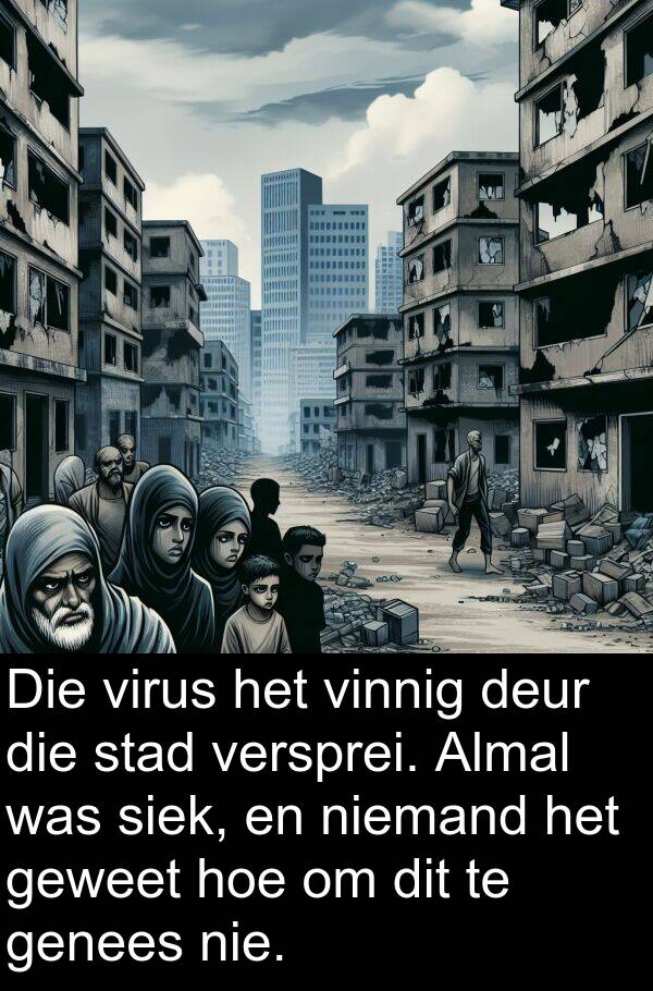 niemand: Die virus het vinnig deur die stad versprei. Almal was siek, en niemand het geweet hoe om dit te genees nie.