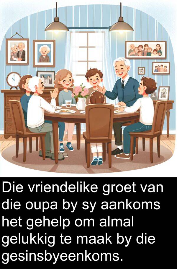 aankoms: Die vriendelike groet van die oupa by sy aankoms het gehelp om almal gelukkig te maak by die gesinsbyeenkoms.