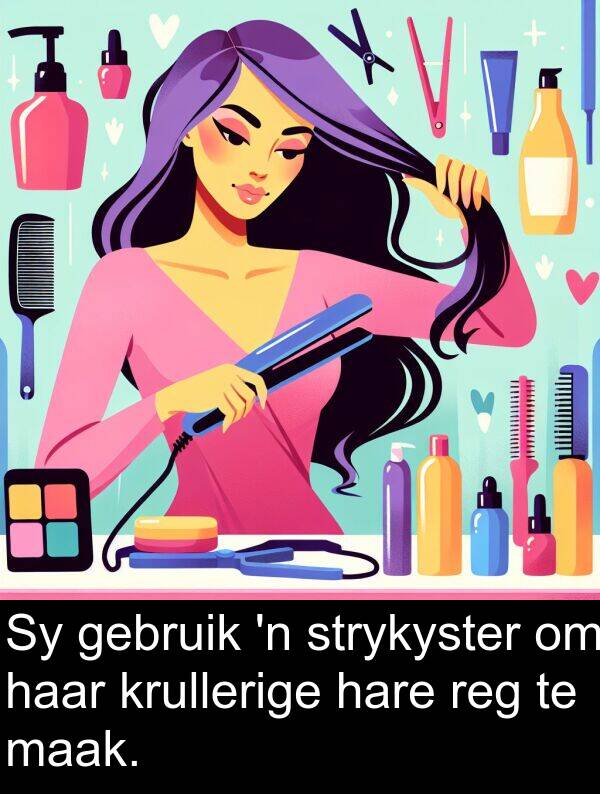 gebruik: Sy gebruik 'n strykyster om haar krullerige hare reg te maak.