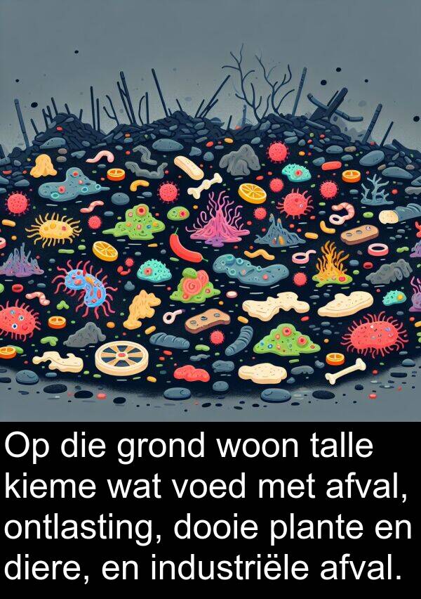 ontlasting: Op die grond woon talle kieme wat voed met afval, ontlasting, dooie plante en diere, en industriële afval.