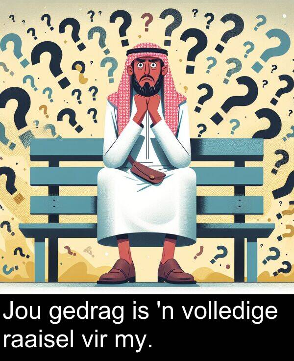 gedrag: Jou gedrag is 'n volledige raaisel vir my.