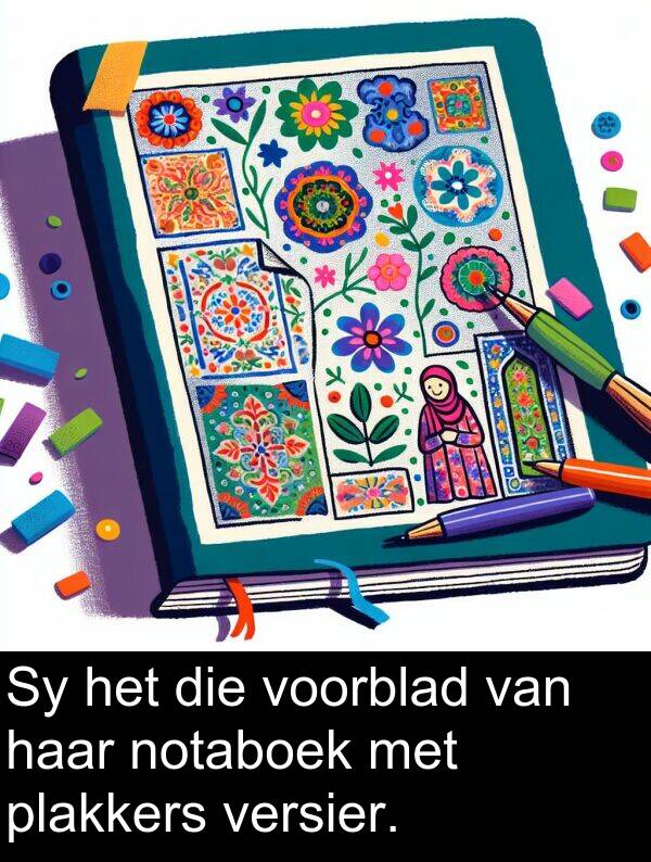 notaboek: Sy het die voorblad van haar notaboek met plakkers versier.