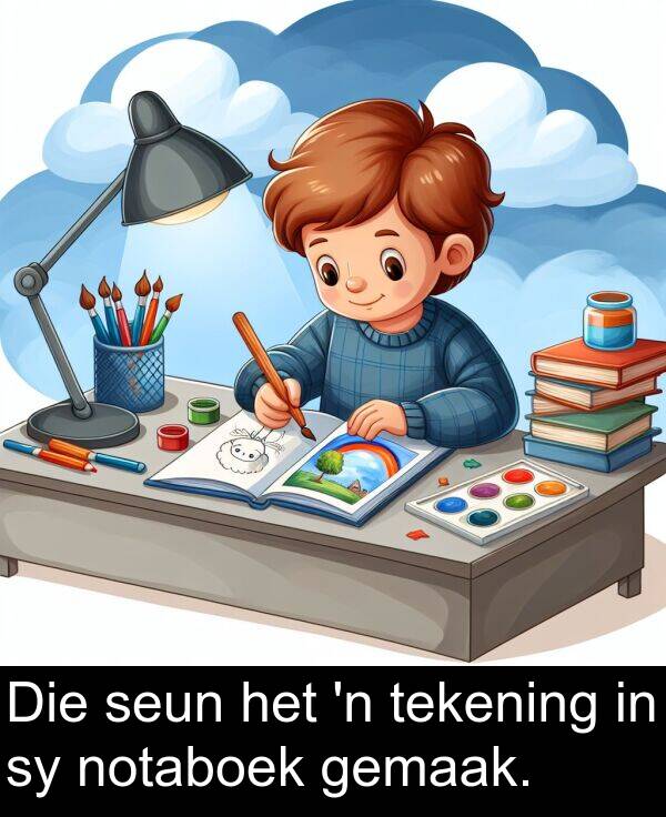 notaboek: Die seun het 'n tekening in sy notaboek gemaak.