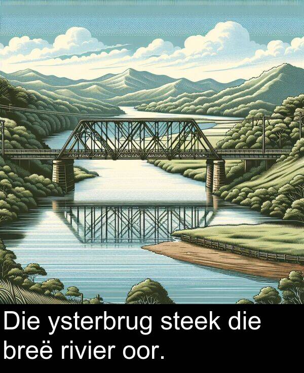 oor: Die ysterbrug steek die breë rivier oor.