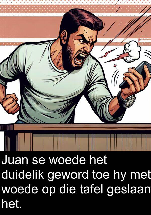 duidelik: Juan se woede het duidelik geword toe hy met woede op die tafel geslaan het.