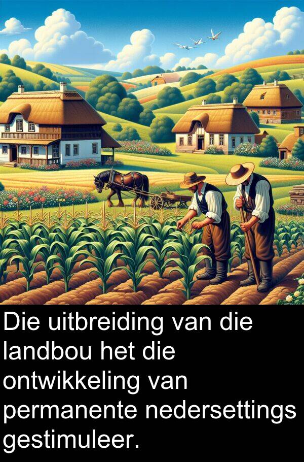 nedersettings: Die uitbreiding van die landbou het die ontwikkeling van permanente nedersettings gestimuleer.