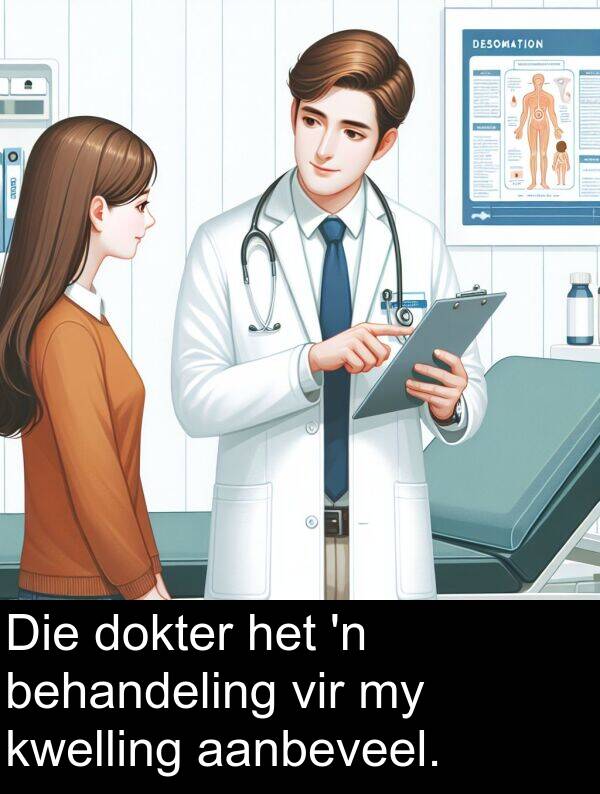 aanbeveel: Die dokter het 'n behandeling vir my kwelling aanbeveel.