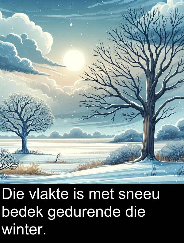 gedurende: Die vlakte is met sneeu bedek gedurende die winter.