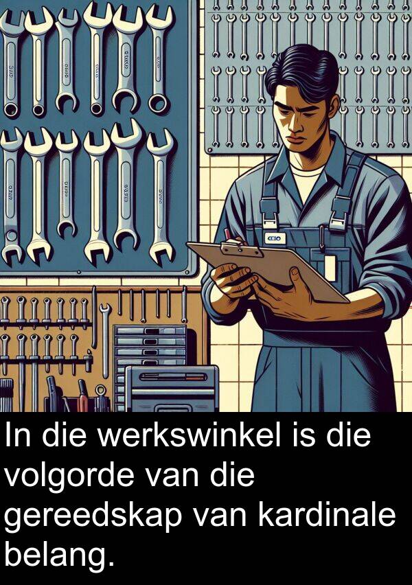 belang: In die werkswinkel is die volgorde van die gereedskap van kardinale belang.