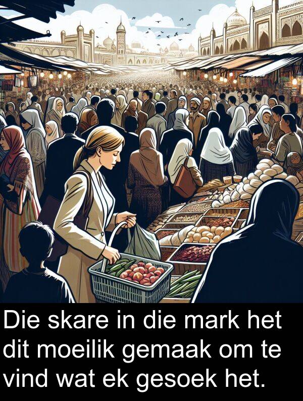 skare: Die skare in die mark het dit moeilik gemaak om te vind wat ek gesoek het.