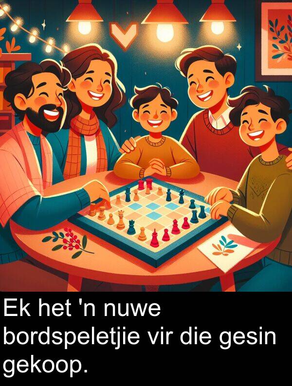 gekoop: Ek het 'n nuwe bordspeletjie vir die gesin gekoop.
