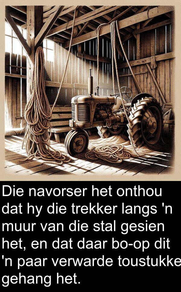 paar: Die navorser het onthou dat hy die trekker langs 'n muur van die stal gesien het, en dat daar bo-op dit 'n paar verwarde toustukke gehang het.