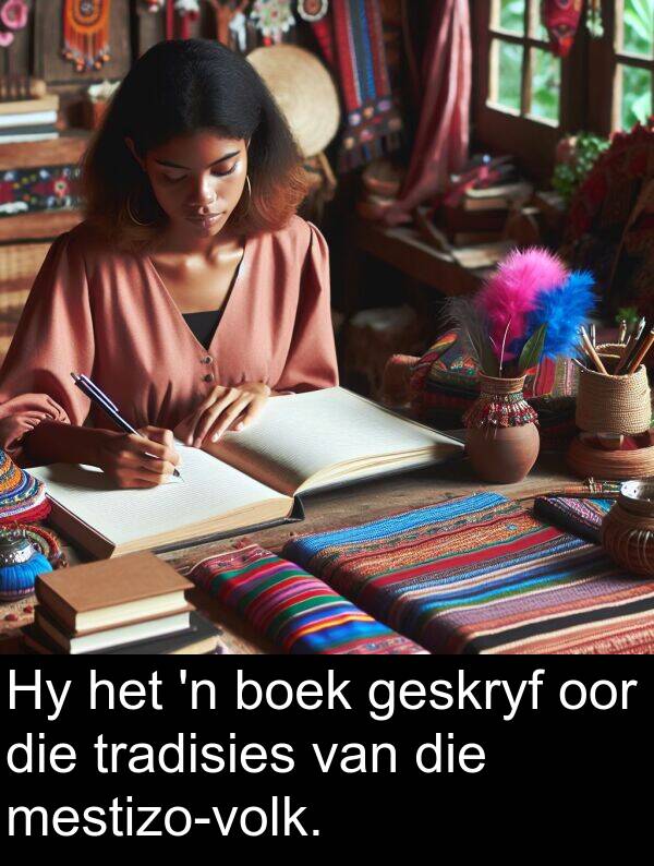 tradisies: Hy het 'n boek geskryf oor die tradisies van die mestizo-volk.