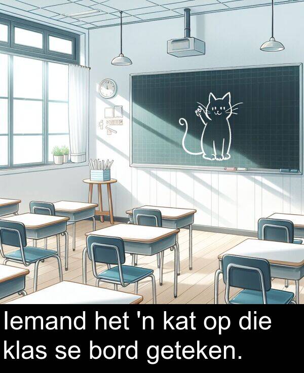 geteken: Iemand het 'n kat op die klas se bord geteken.