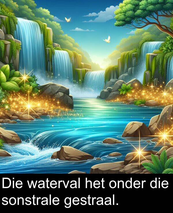 waterval: Die waterval het onder die sonstrale gestraal.