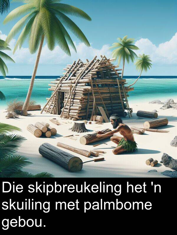 palmbome: Die skipbreukeling het 'n skuiling met palmbome gebou.