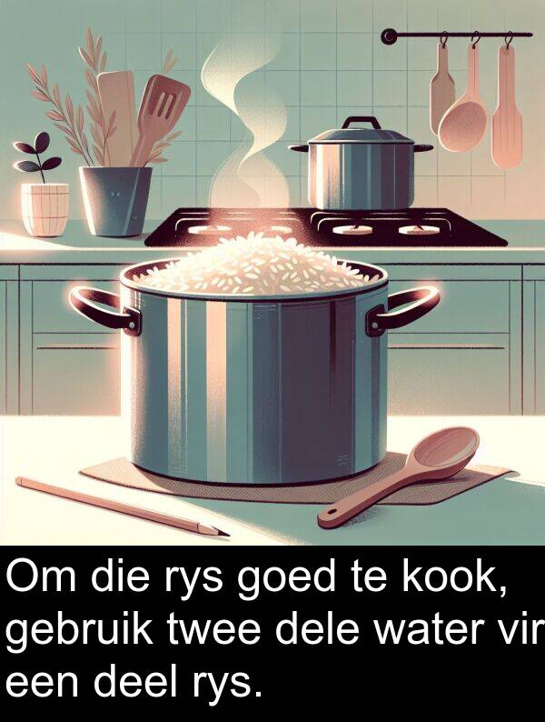 gebruik: Om die rys goed te kook, gebruik twee dele water vir een deel rys.