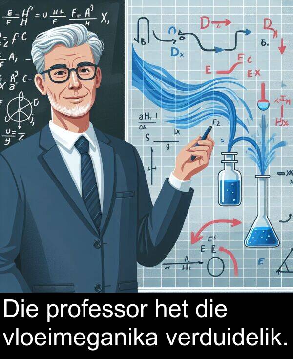 professor: Die professor het die vloeimeganika verduidelik.