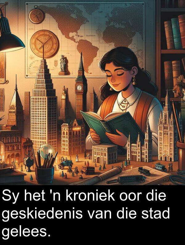 gelees: Sy het 'n kroniek oor die geskiedenis van die stad gelees.