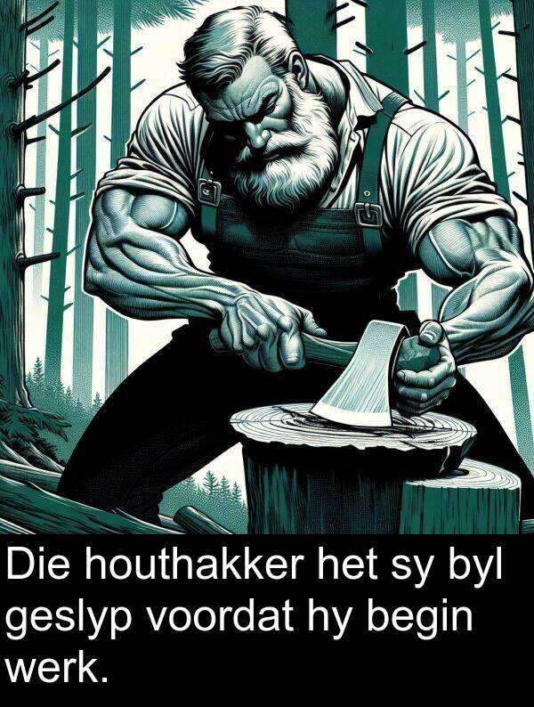 houthakker: Die houthakker het sy byl geslyp voordat hy begin werk.