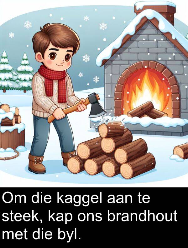 steek: Om die kaggel aan te steek, kap ons brandhout met die byl.
