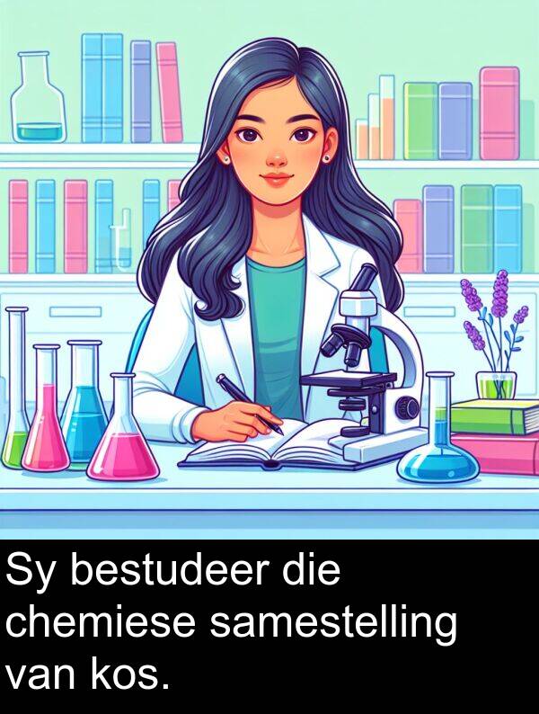 bestudeer: Sy bestudeer die chemiese samestelling van kos.