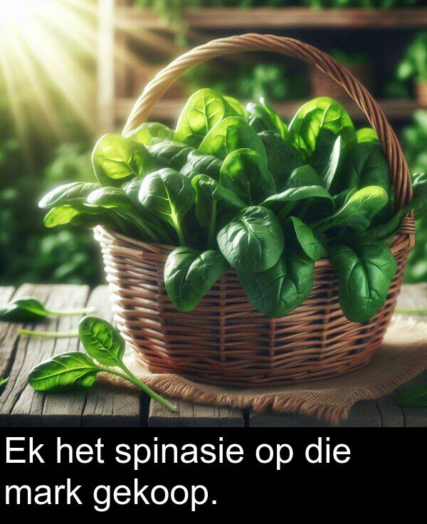 gekoop: Ek het spinasie op die mark gekoop.
