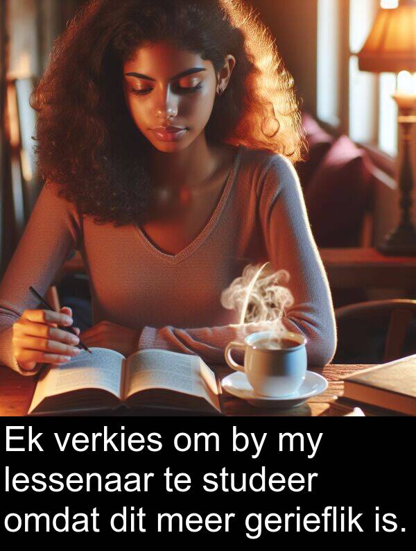 meer: Ek verkies om by my lessenaar te studeer omdat dit meer gerieflik is.