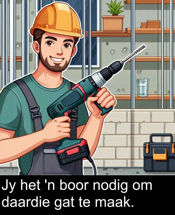 gat: Jy het 'n boor nodig om daardie gat te maak.