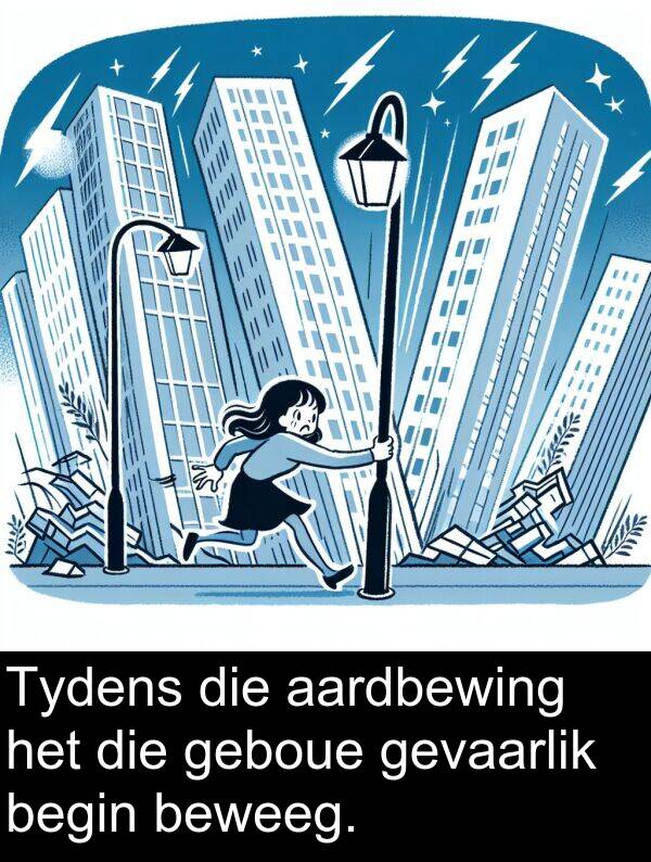 geboue: Tydens die aardbewing het die geboue gevaarlik begin beweeg.
