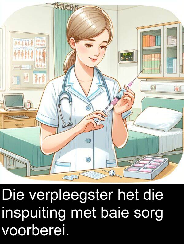 inspuiting: Die verpleegster het die inspuiting met baie sorg voorberei.