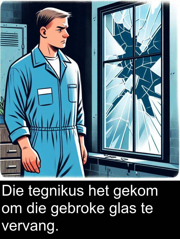 gebroke: Die tegnikus het gekom om die gebroke glas te vervang.