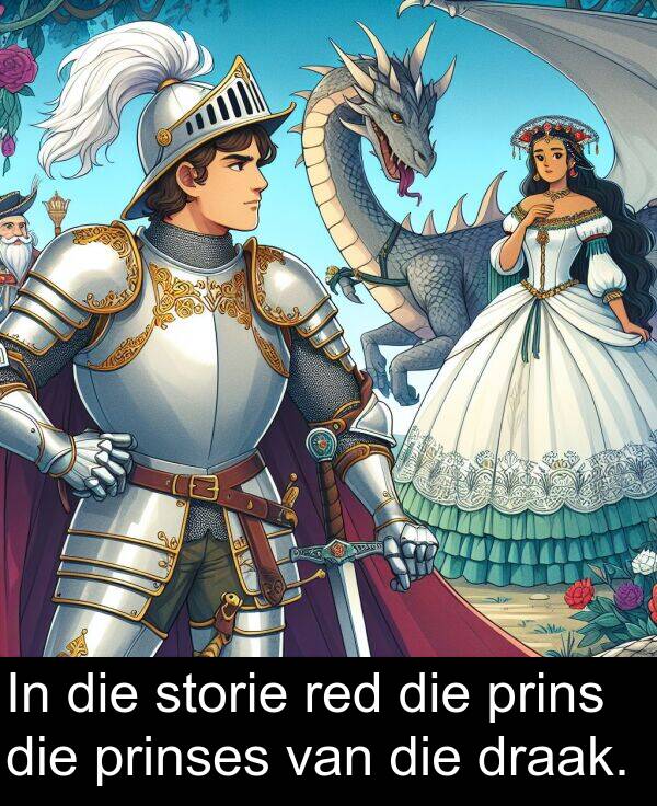 red: In die storie red die prins die prinses van die draak.
