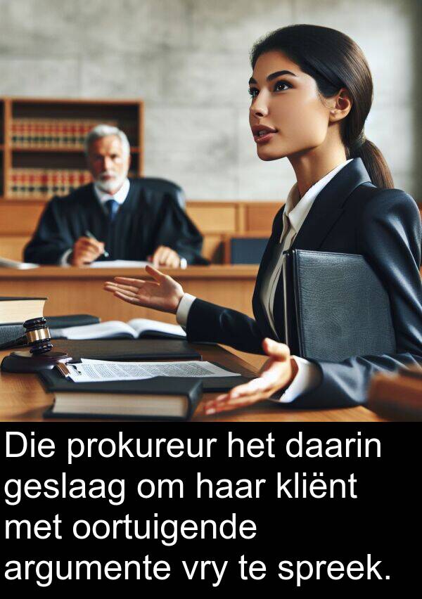 daarin: Die prokureur het daarin geslaag om haar kliënt met oortuigende argumente vry te spreek.