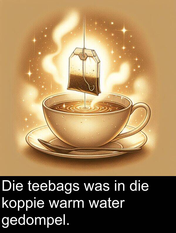 teebags: Die teebags was in die koppie warm water gedompel.