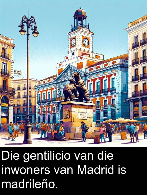 inwoners: Die gentilicio van die inwoners van Madrid is madrileño.