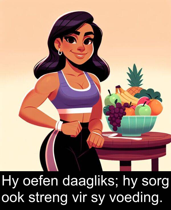 oefen: Hy oefen daagliks; hy sorg ook streng vir sy voeding.