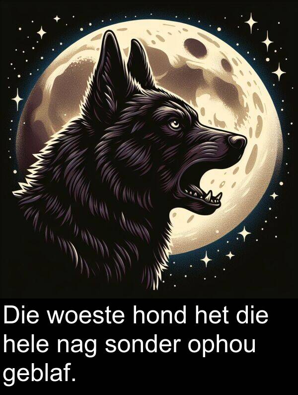 hele: Die woeste hond het die hele nag sonder ophou geblaf.