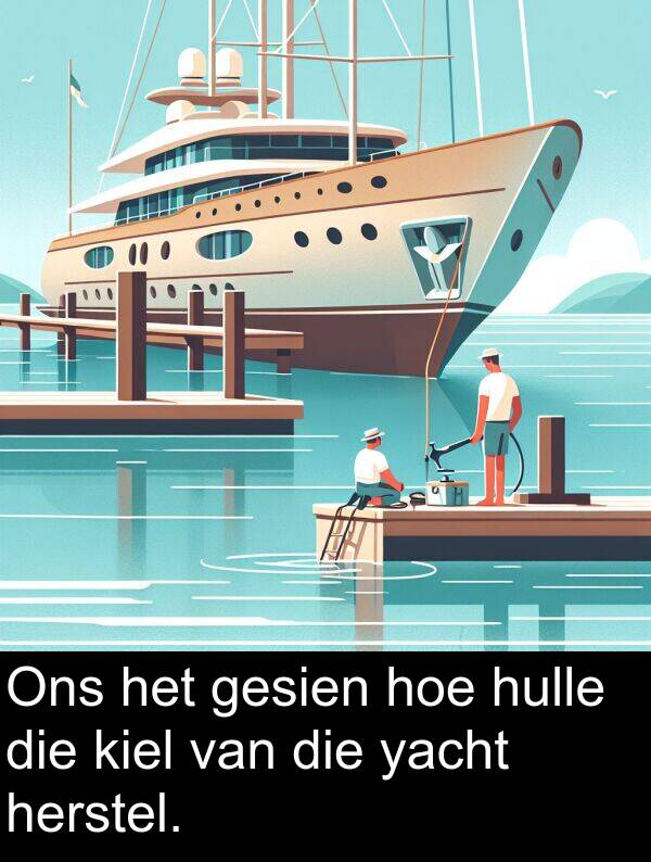 herstel: Ons het gesien hoe hulle die kiel van die yacht herstel.