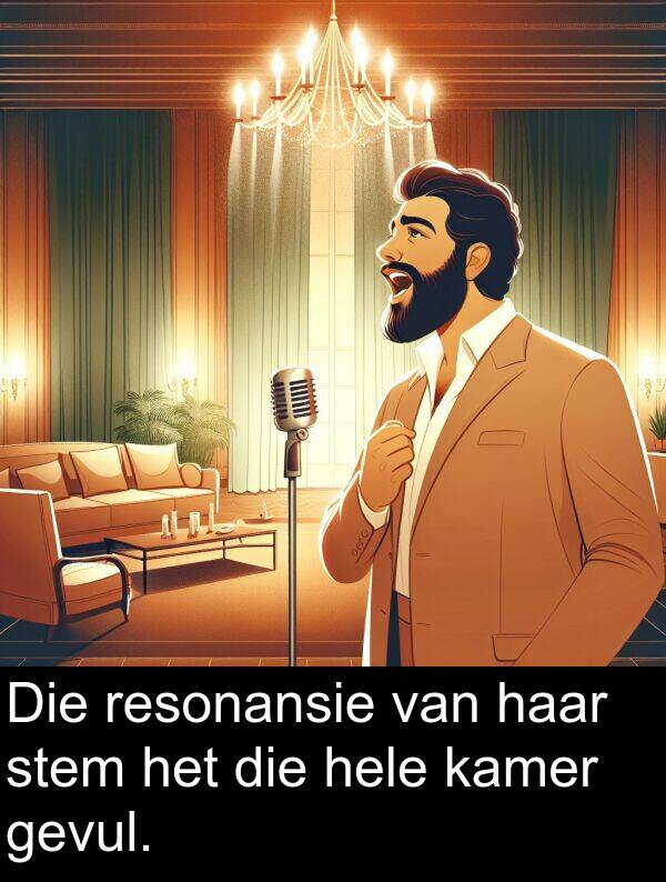 haar: Die resonansie van haar stem het die hele kamer gevul.
