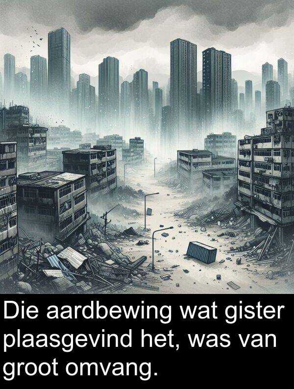 omvang: Die aardbewing wat gister plaasgevind het, was van groot omvang.